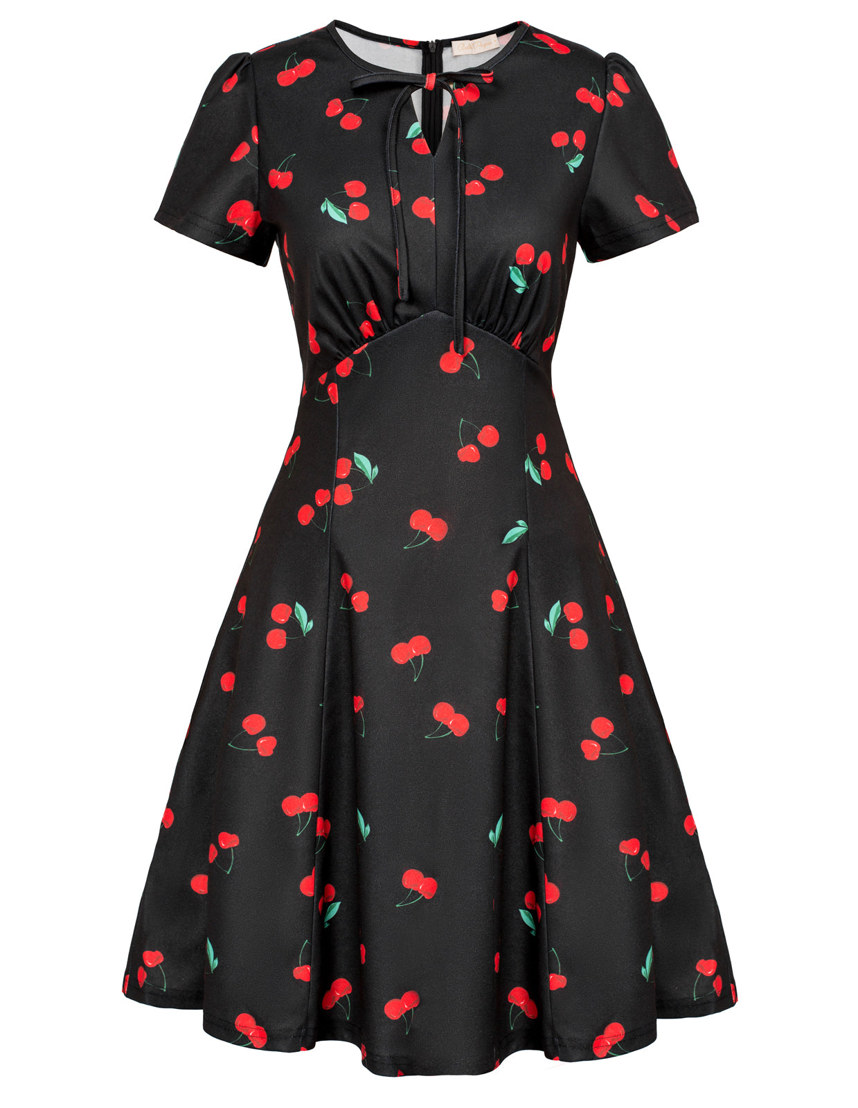 belle poque Vintage A-Line Swing Dress Keyhole Tie Dress Round Neck Work Dress Tea Dress Cherry