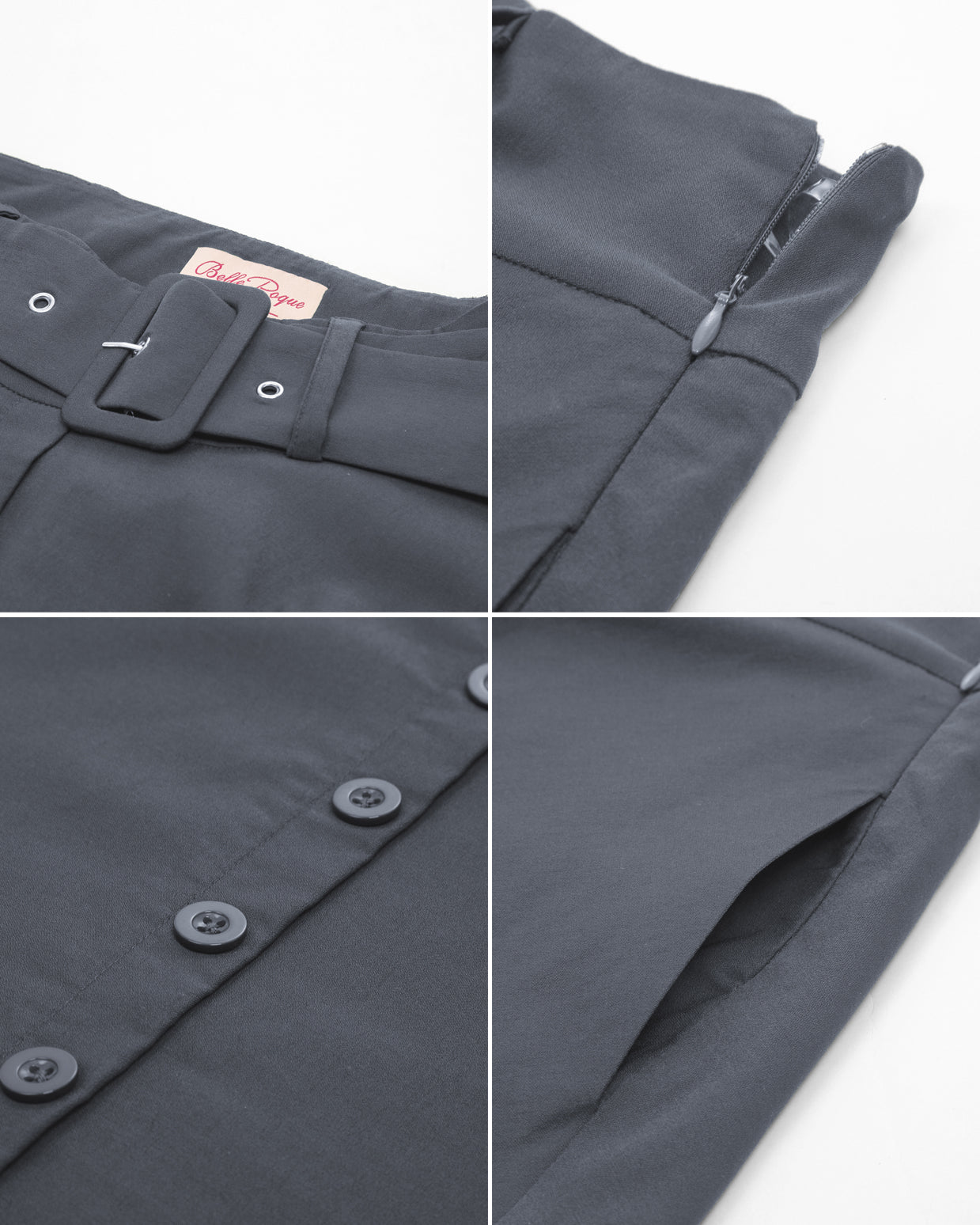 belle poque Vintage Stretch High Waist A-Line Flared Midi Skirts with Pockets & Belts