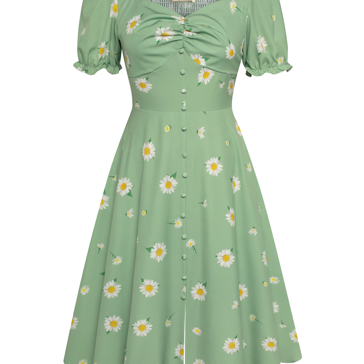 belle poque Vintage Strawberry Patterns Front Slit Dress Puffed Short Sleeve Sweetheart Neck Dress Green