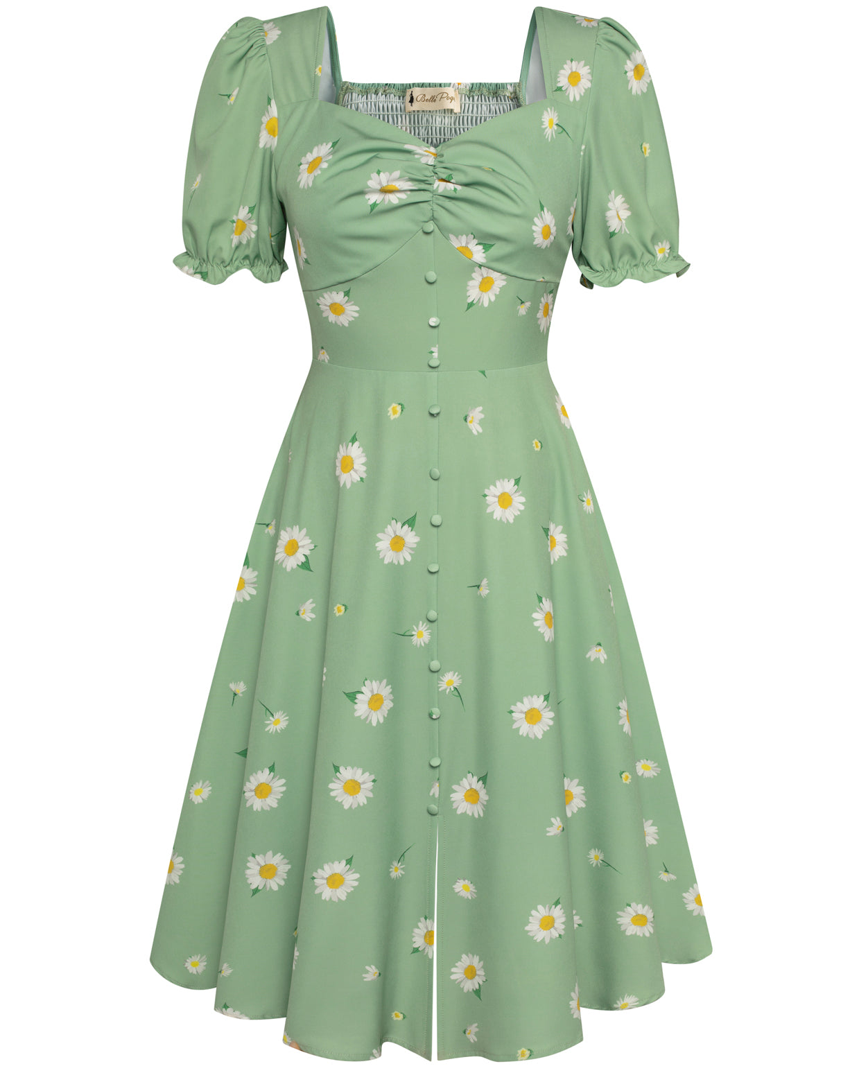 belle poque Vintage Strawberry Patterns Front Slit Dress Puffed Short Sleeve Sweetheart Neck Dress Green
