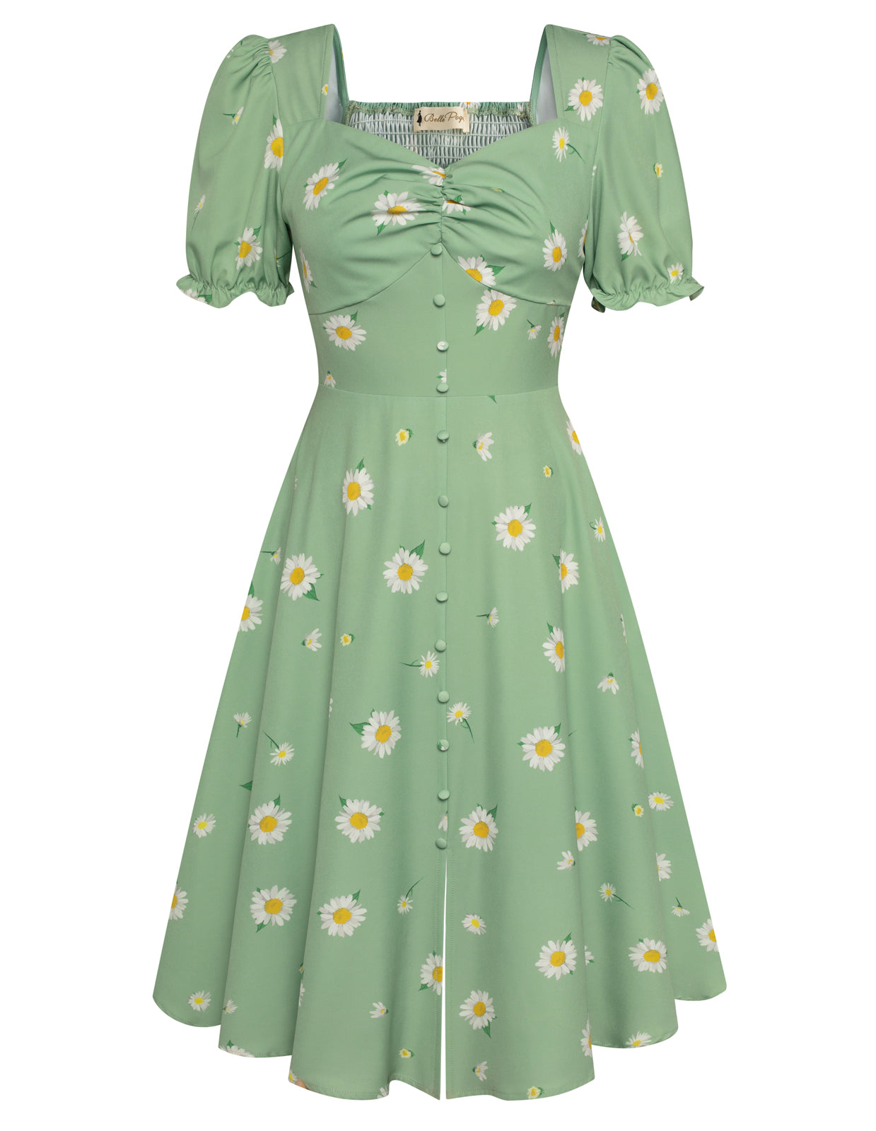 belle poque Vintage Strawberry Patterns Front Slit Dress Puffed Short Sleeve Sweetheart Neck Dress Green
