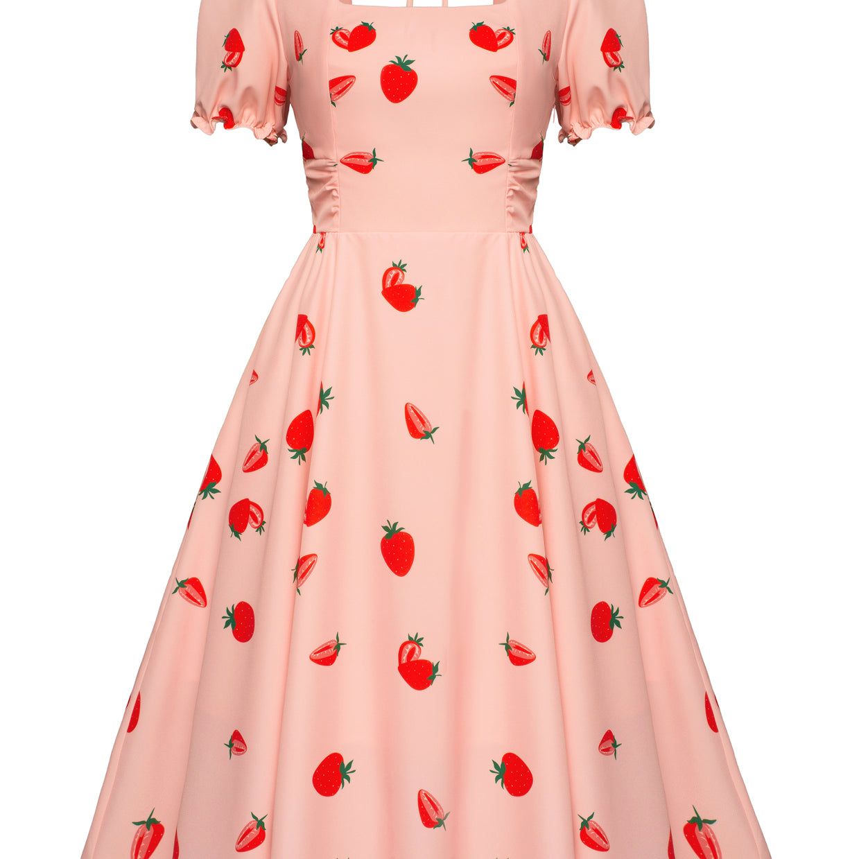 belle poque Vintage Daisy Flower Print Cottagecore Cocktail Dresses Square Neck Puff Sleeve Dress with Pockets Strawberry