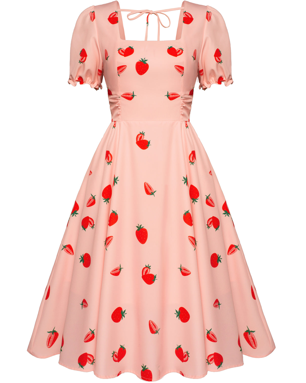 belle poque Vintage Daisy Flower Print Cottagecore Cocktail Dresses Square Neck Puff Sleeve Dress with Pockets Strawberry