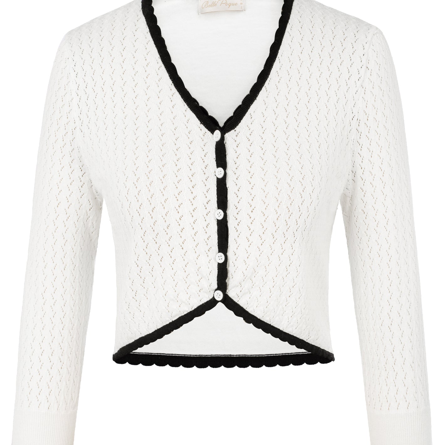 belle poque Hollowed-Out Cardigan 3/4 Sleeve V-Neck Button-up Cropped Knitwear White+Black