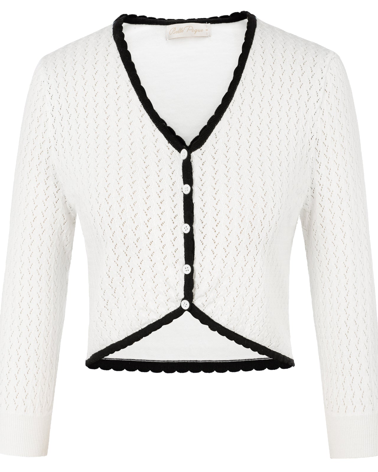 belle poque Hollowed-Out Cardigan 3/4 Sleeve V-Neck Button-up Cropped Knitwear White+Black