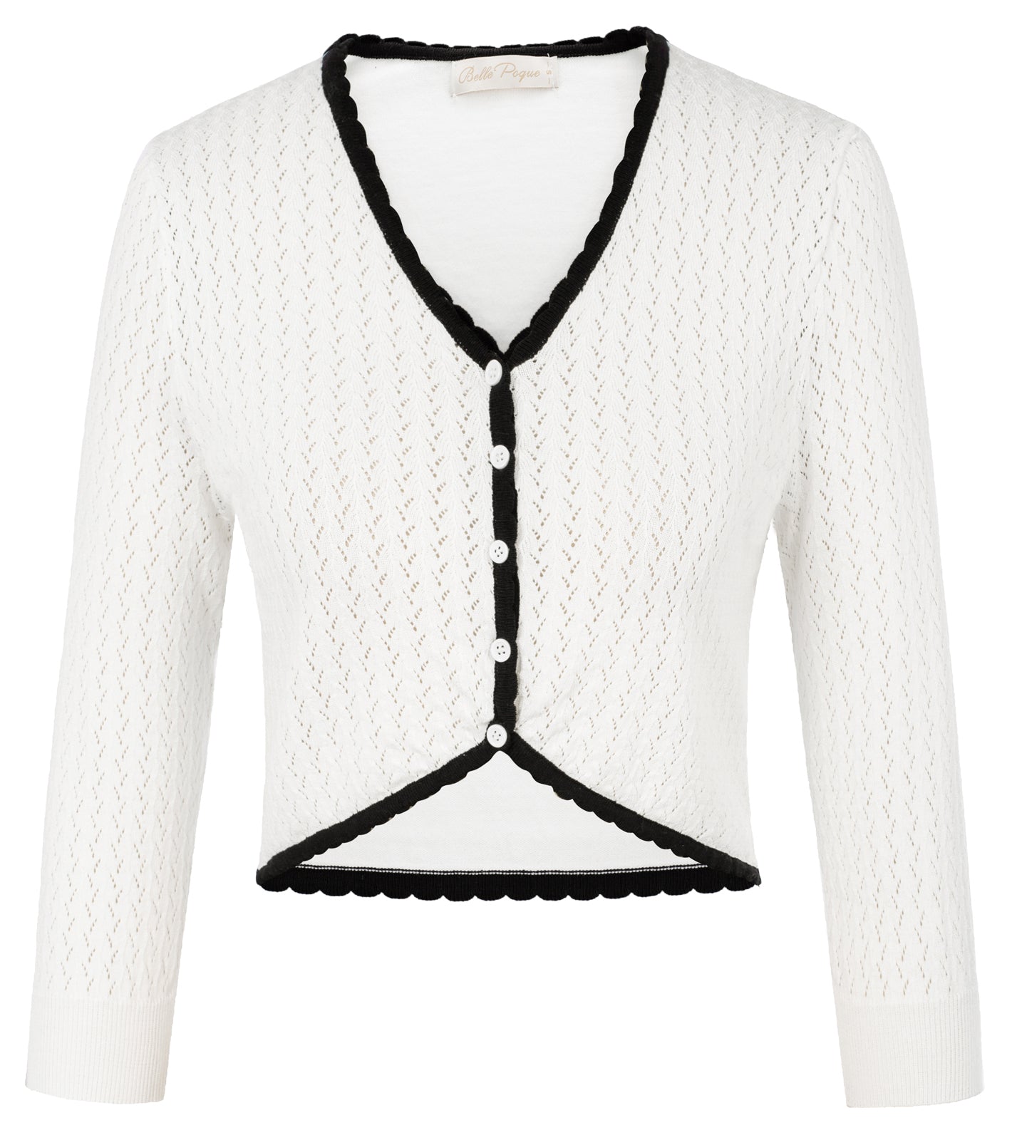 belle poque Hollowed-Out Cardigan 3/4 Sleeve V-Neck Button-up Cropped Knitwear White+Black