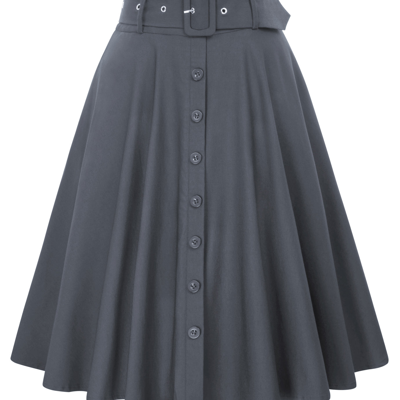 belle poque Vintage Stretch High Waist A-Line Flared Midi Skirts with Pockets & Belts Gray