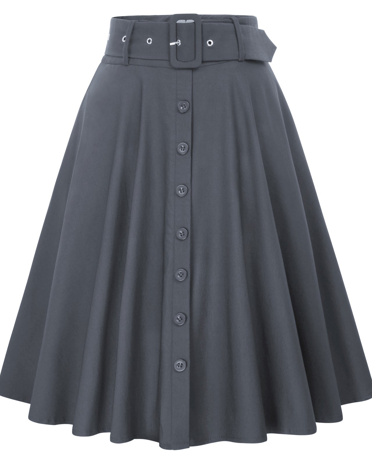 belle poque Vintage Stretch High Waist A-Line Flared Midi Skirts with Pockets & Belts Gray