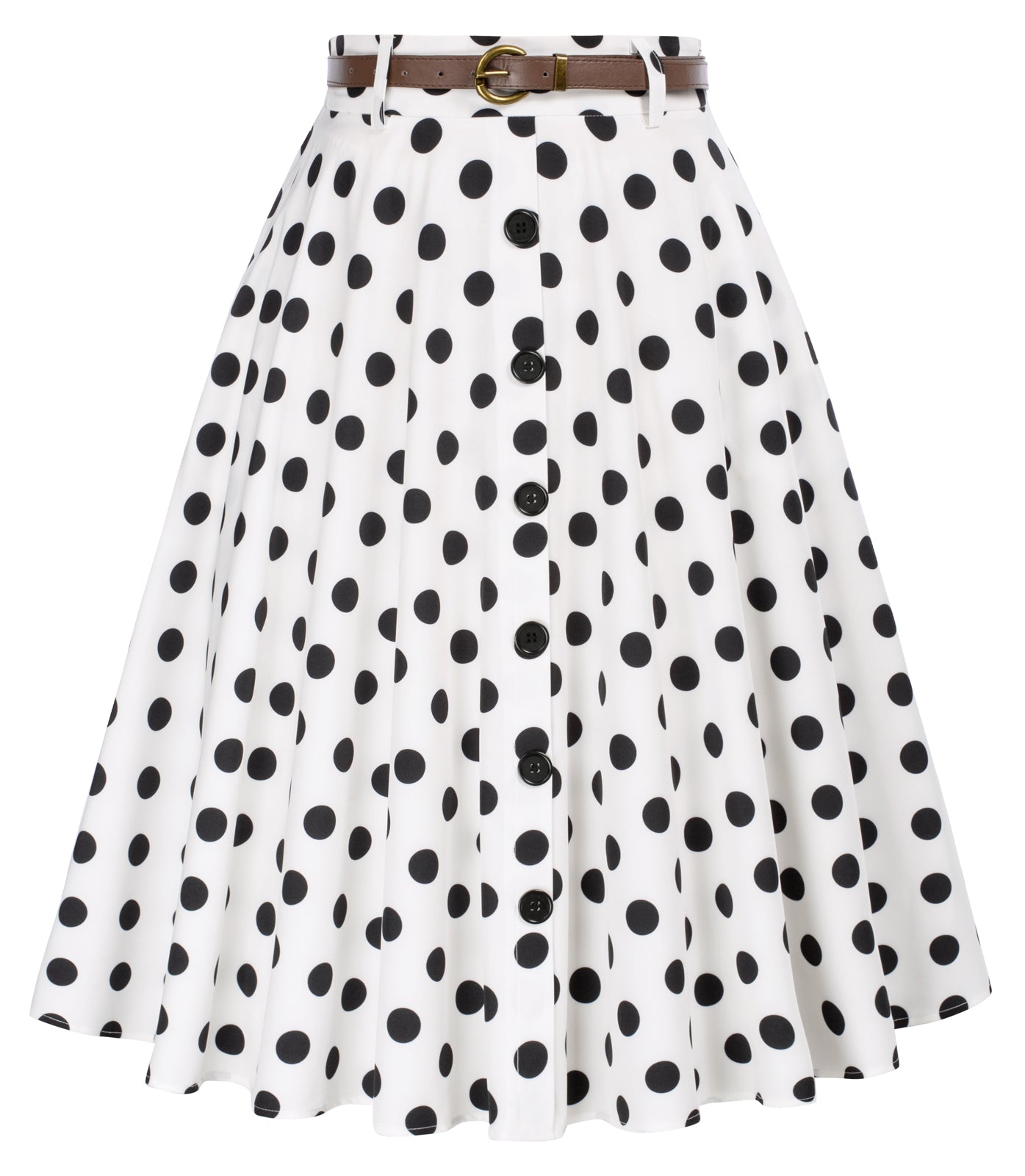 belle poque Swing Skirt with Belt Elastic High Waist Buttons Decorated Skirt Polka Dots