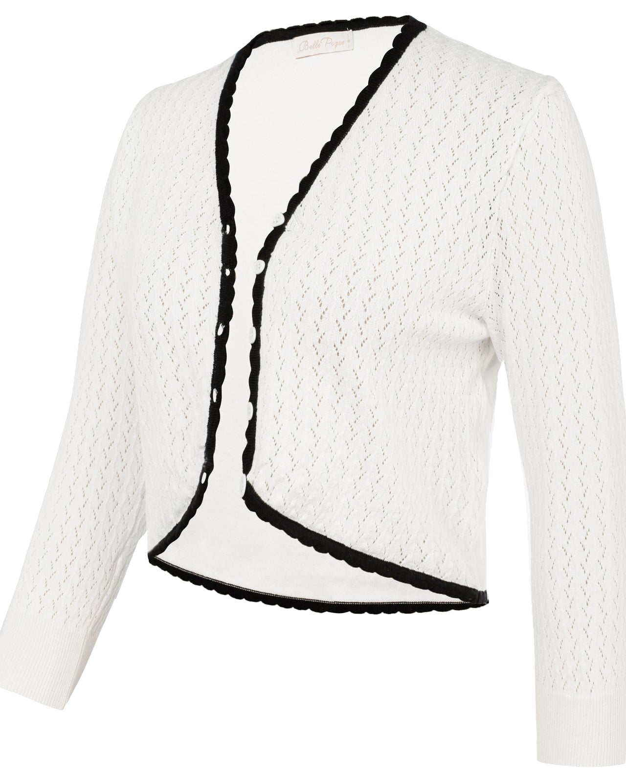 belle poque Hollowed-Out Cardigan 3/4 Sleeve V-Neck Button-up Cropped Knitwear