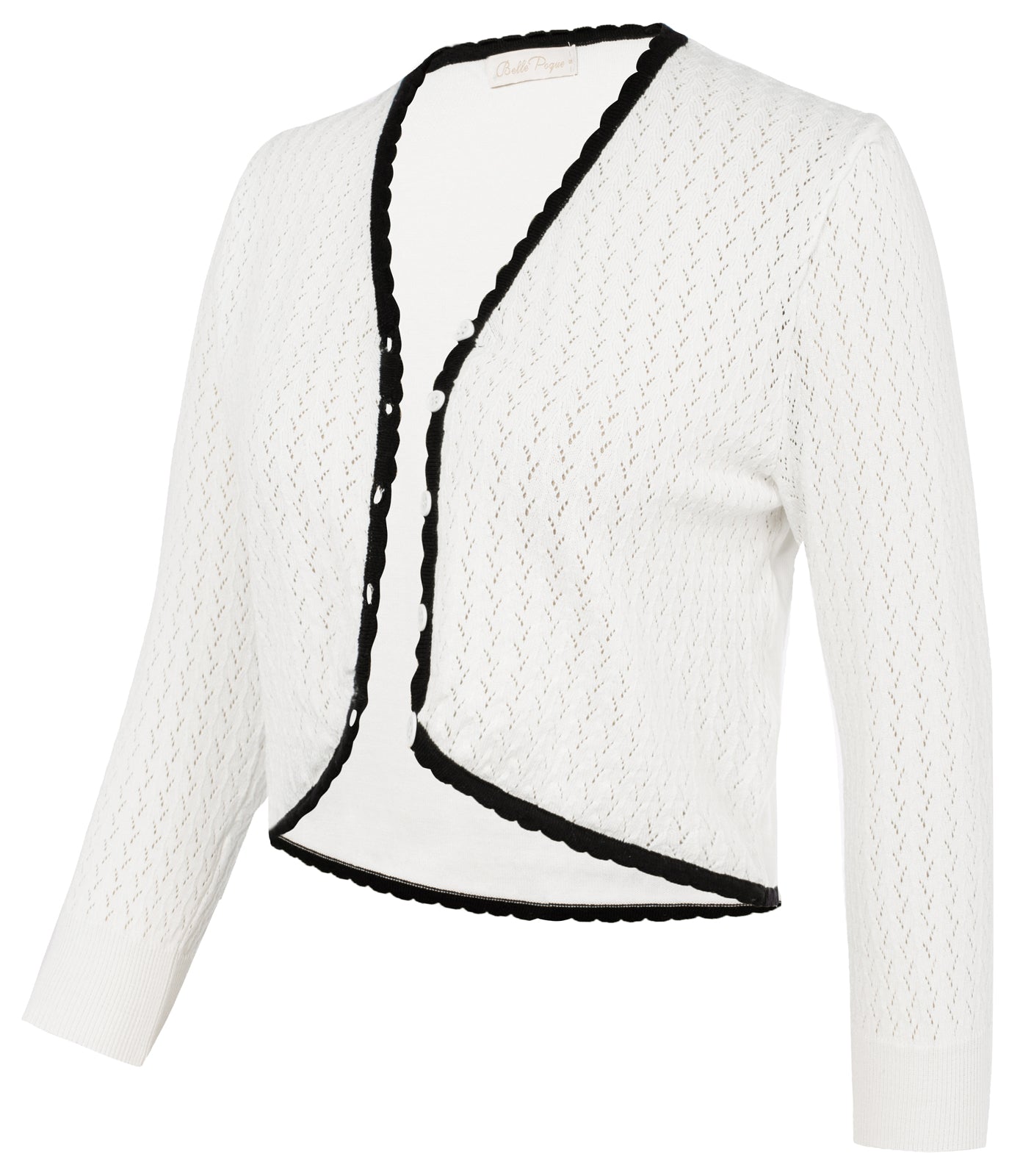 belle poque Hollowed-Out Cardigan 3/4 Sleeve V-Neck Button-up Cropped Knitwear