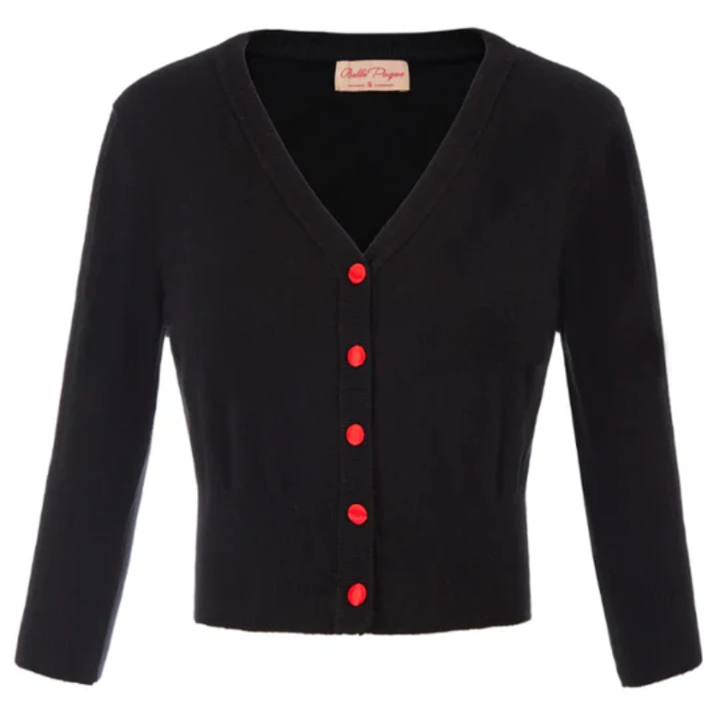 belle poque 3/4 Sleeve V-Neck Button Down Cherries Embroidery Cropped Cardigan Sweater Coat Black