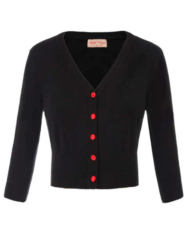 belle poque 3/4 Sleeve V-Neck Button Down Cherries Embroidery Cropped Cardigan Sweater Coat Black