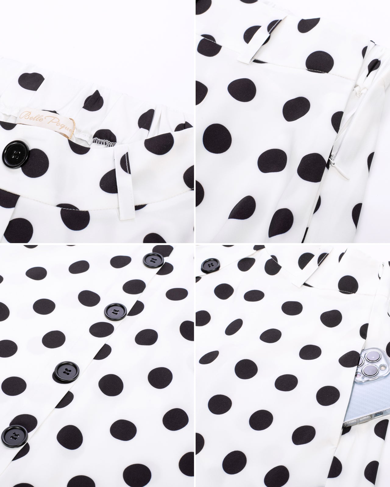 belle poque Swing Skirt with Belt Elastic High Waist Buttons Decorated Skirt