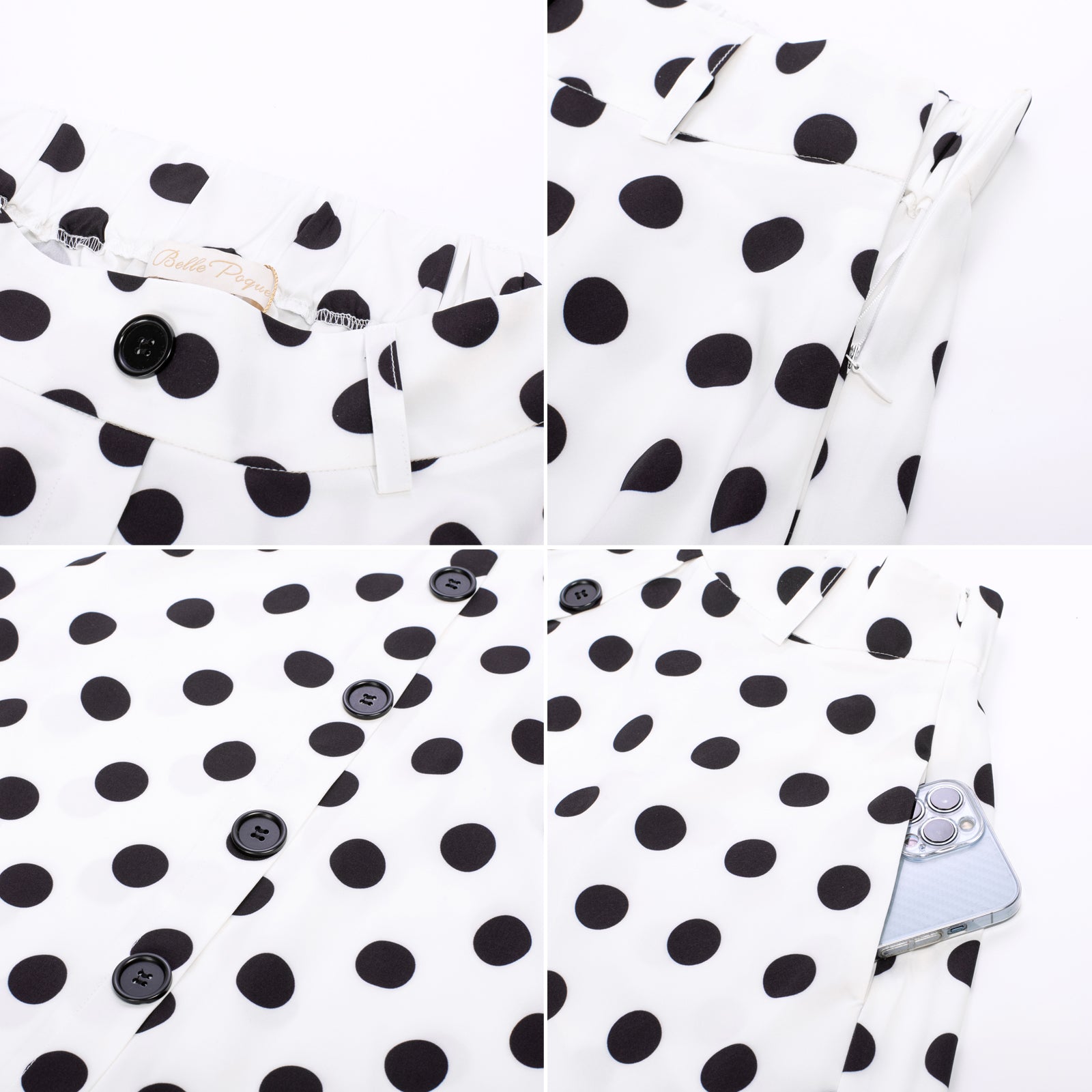 belle poque Swing Skirt with Belt Elastic High Waist Buttons Decorated Skirt