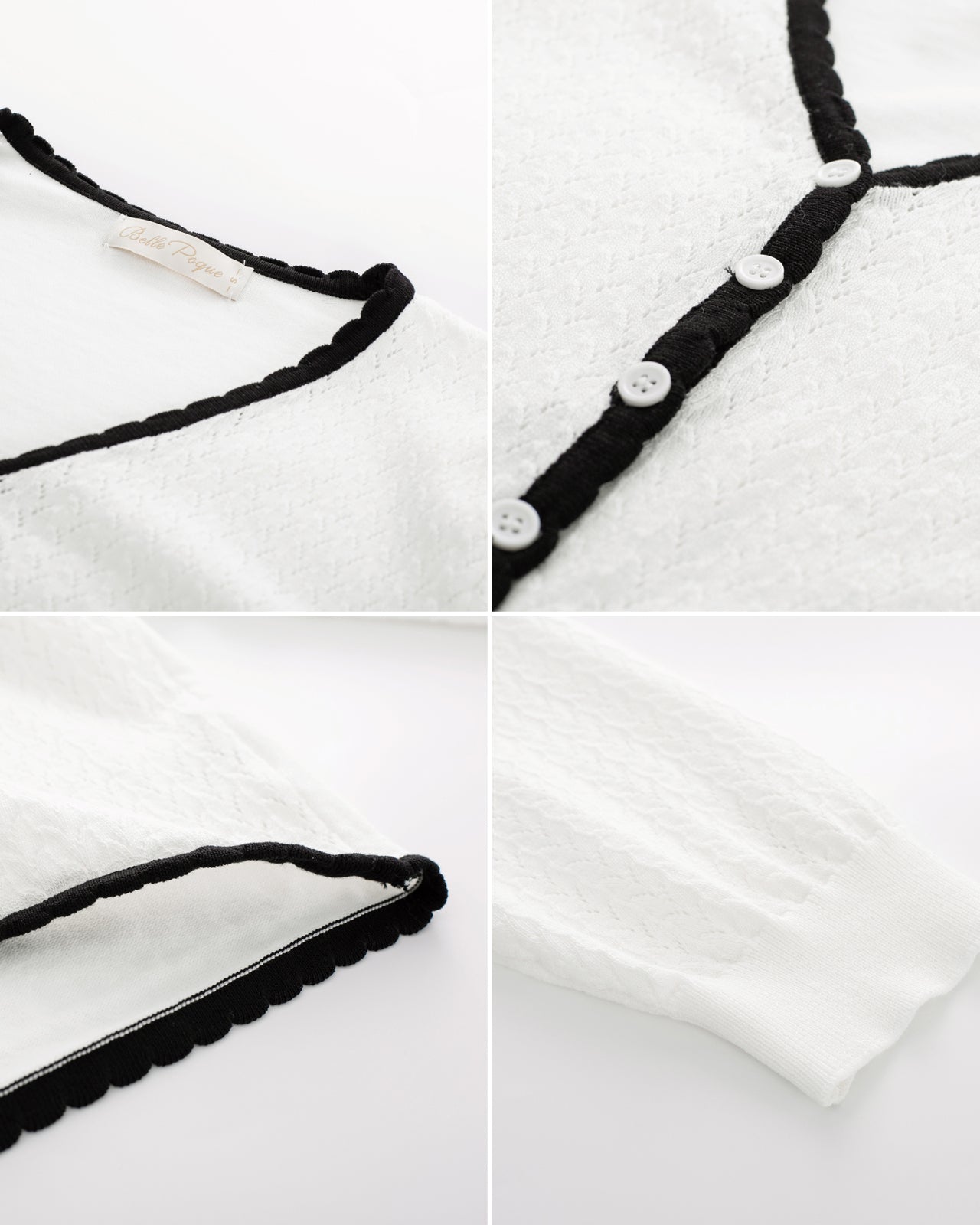 belle poque Hollowed-Out Cardigan 3/4 Sleeve V-Neck Button-up Cropped Knitwear