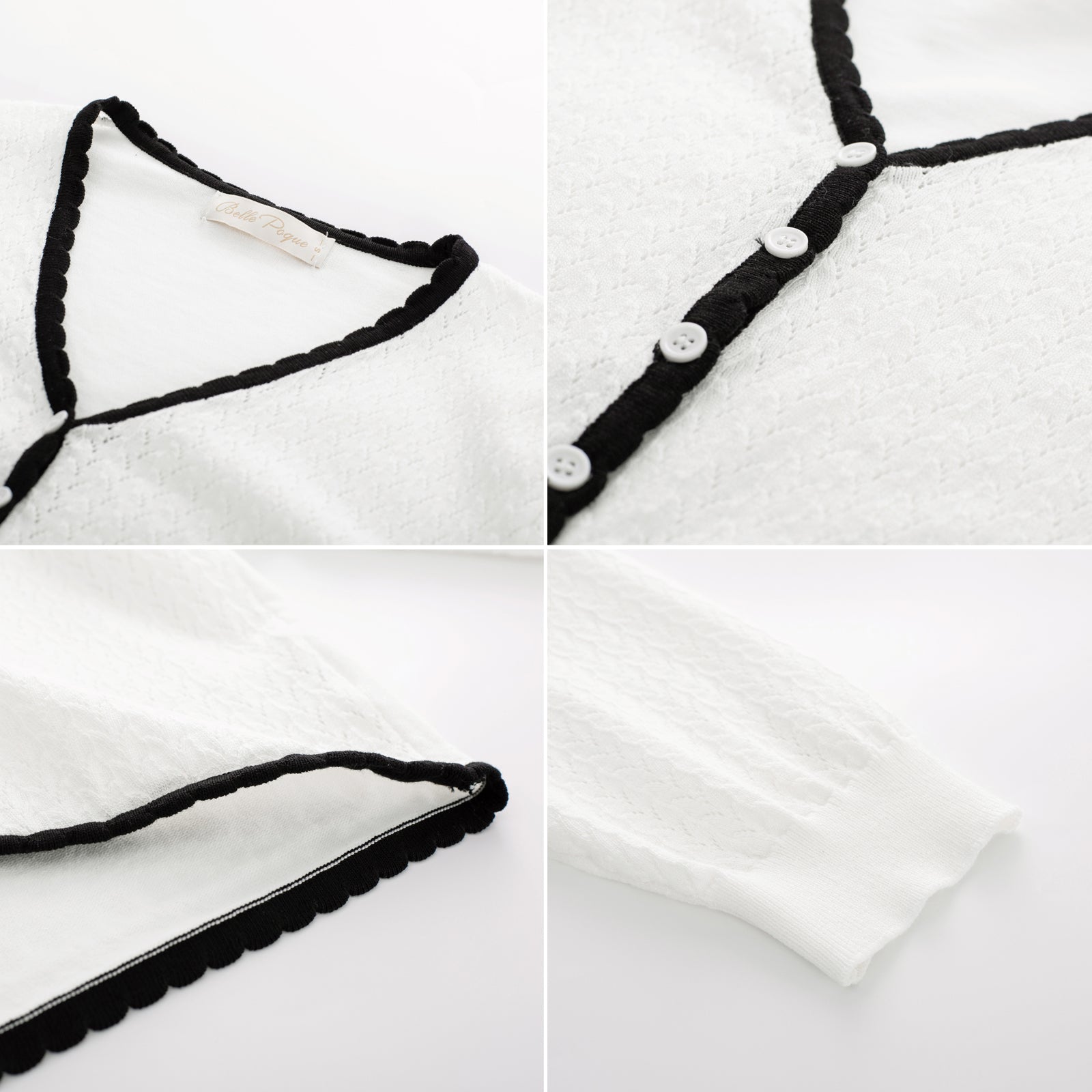 belle poque Hollowed-Out Cardigan 3/4 Sleeve V-Neck Button-up Cropped Knitwear