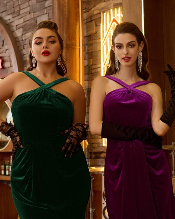 belle poque Vintage Front Slit Velvet Dress Halterneck Ruched Bodycon Dress