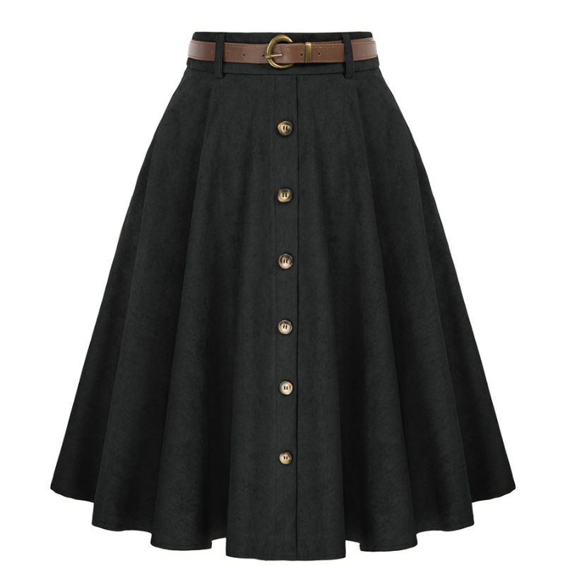 belle poque Corduroy Skirt with Belt Elastic High Waist Mid-Calf Swing Skirt Black