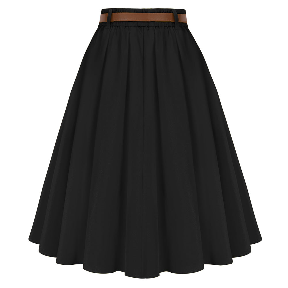 belle poque Swing Skirt with Belt Elastic High Waist Buttons Decorated Skirt