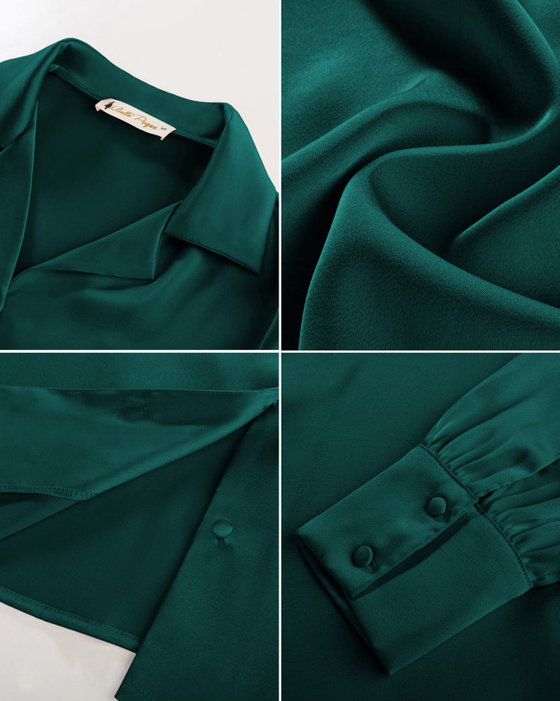 belle poque Women Vintage Shirt OL Long Sleeve Lapel Collar V-Neck Button-up Tops