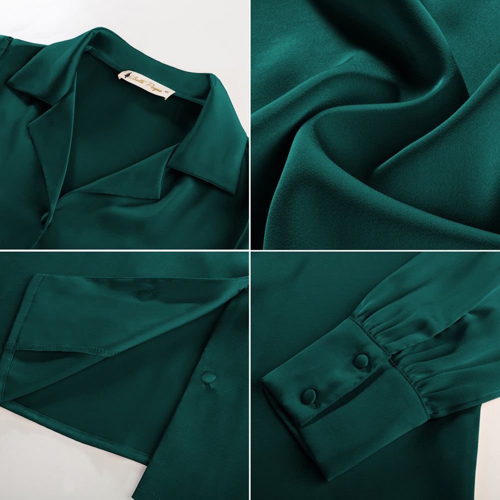 belle poque Women Vintage Shirt OL Long Sleeve Lapel Collar V-Neck Button-up Tops