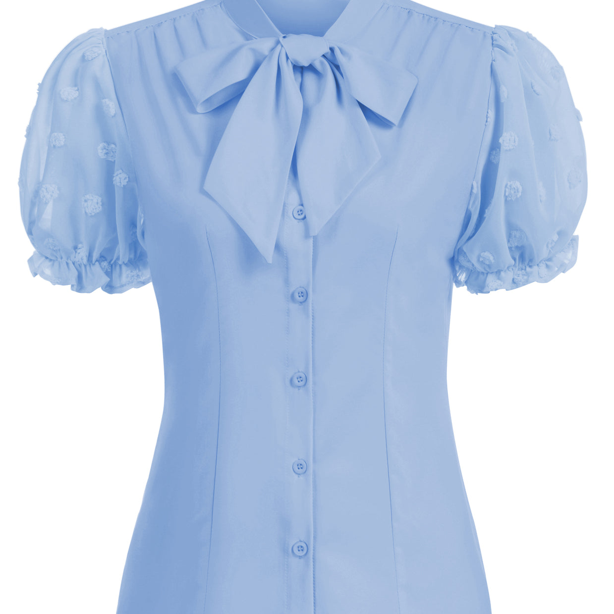 belle poque Bow-Knot Decorated Shirt Short Sleeve Stand Collar Tops Blue