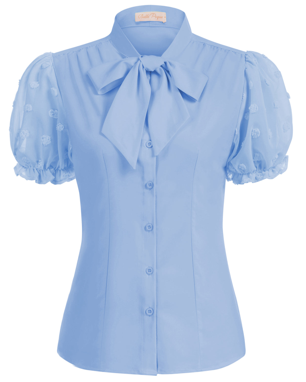 belle poque Bow-Knot Decorated Shirt Short Sleeve Stand Collar Tops Blue