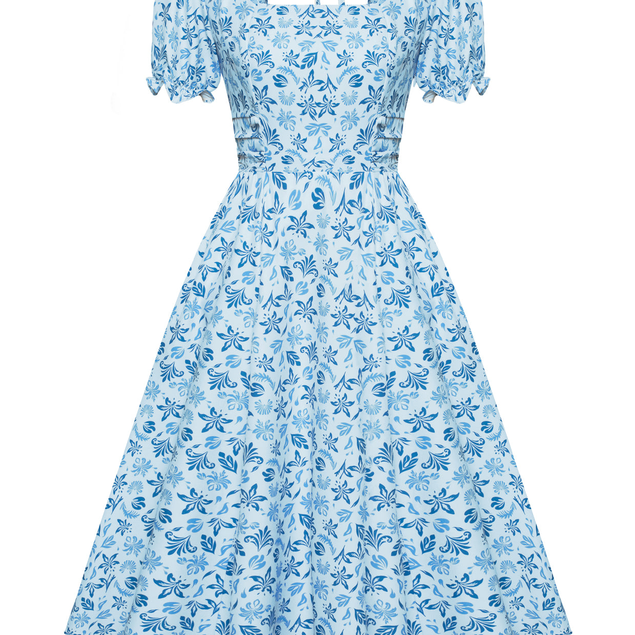 belle poque Vintage Daisy Flower Print Cottagecore Cocktail Dresses Square Neck Puff Sleeve Dress with Pockets Floral blue