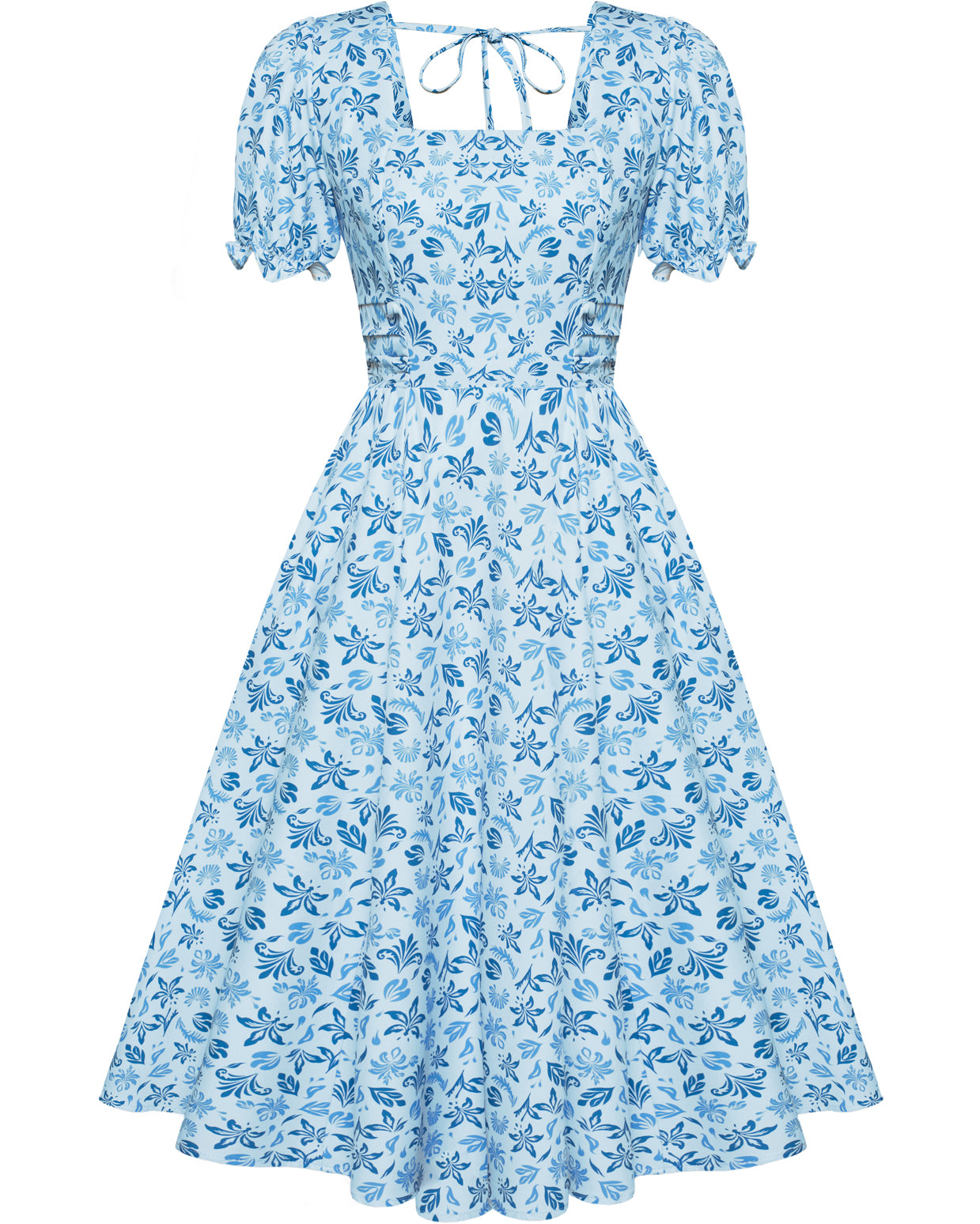 belle poque Vintage Daisy Flower Print Cottagecore Cocktail Dresses Square Neck Puff Sleeve Dress with Pockets Floral blue