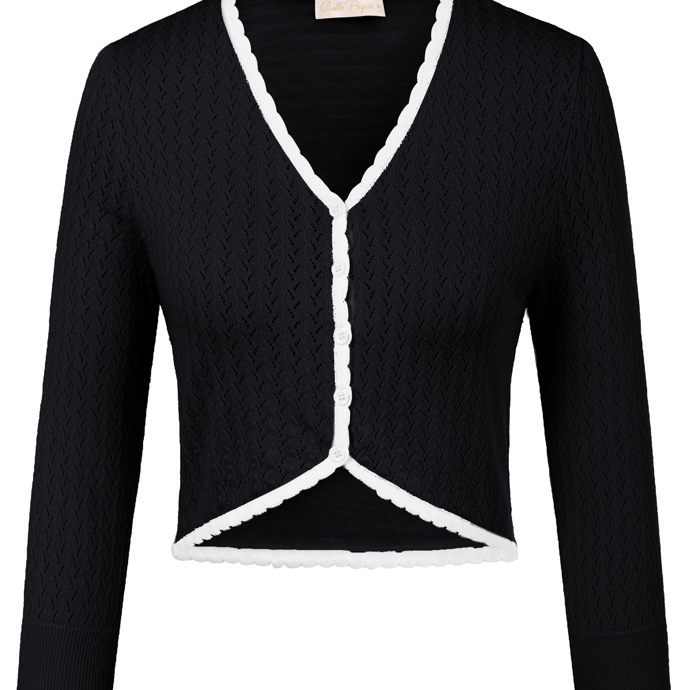 belle poque Hollowed-Out Cardigan 3/4 Sleeve V-Neck Button-up Cropped Knitwear Black+White