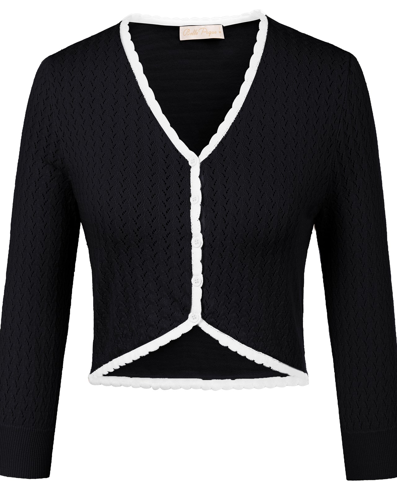 belle poque Hollowed-Out Cardigan 3/4 Sleeve V-Neck Button-up Cropped Knitwear Black+White