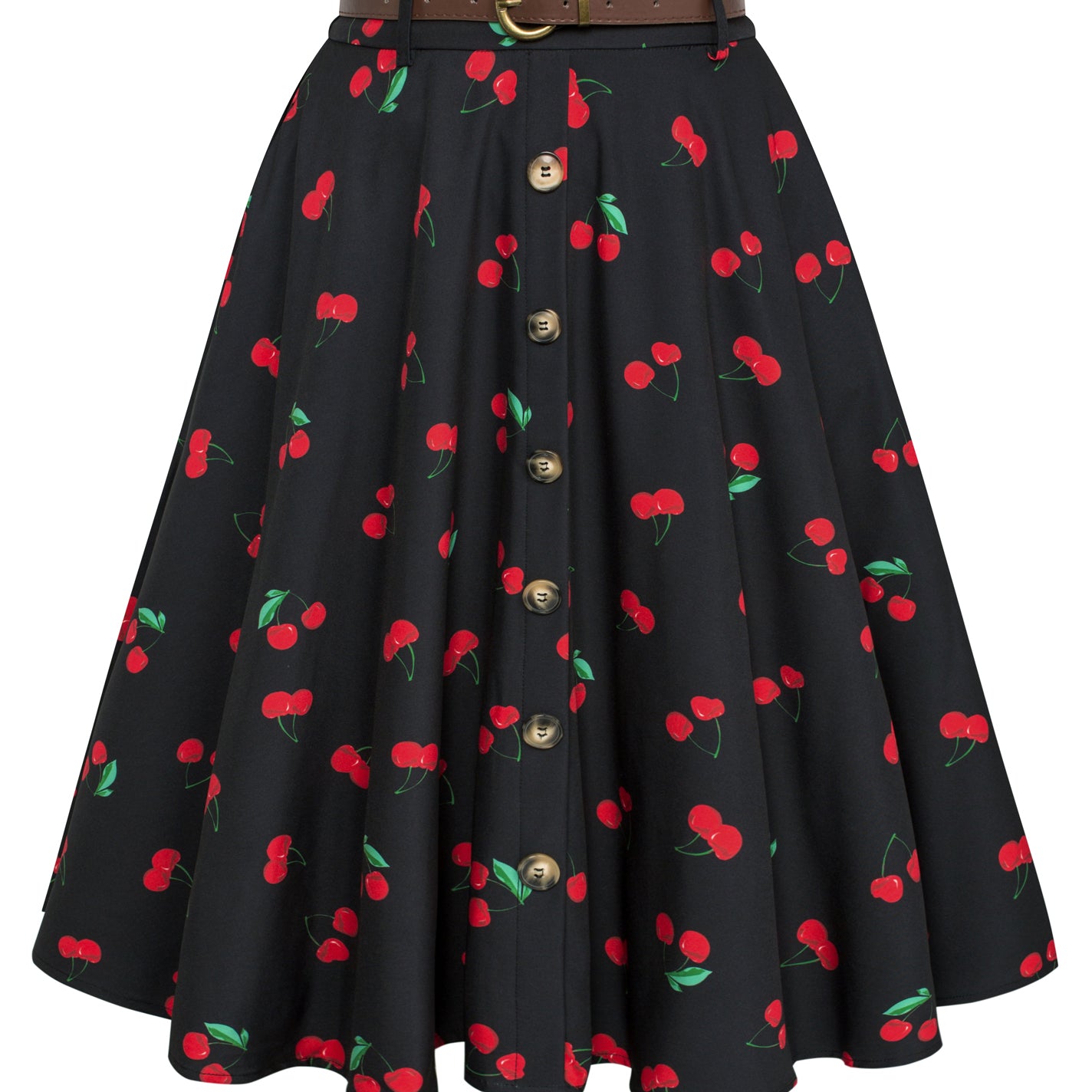 belle poque Swing Skirt with Belt Elastic High Waist Buttons Decorated Skirt Cherry
