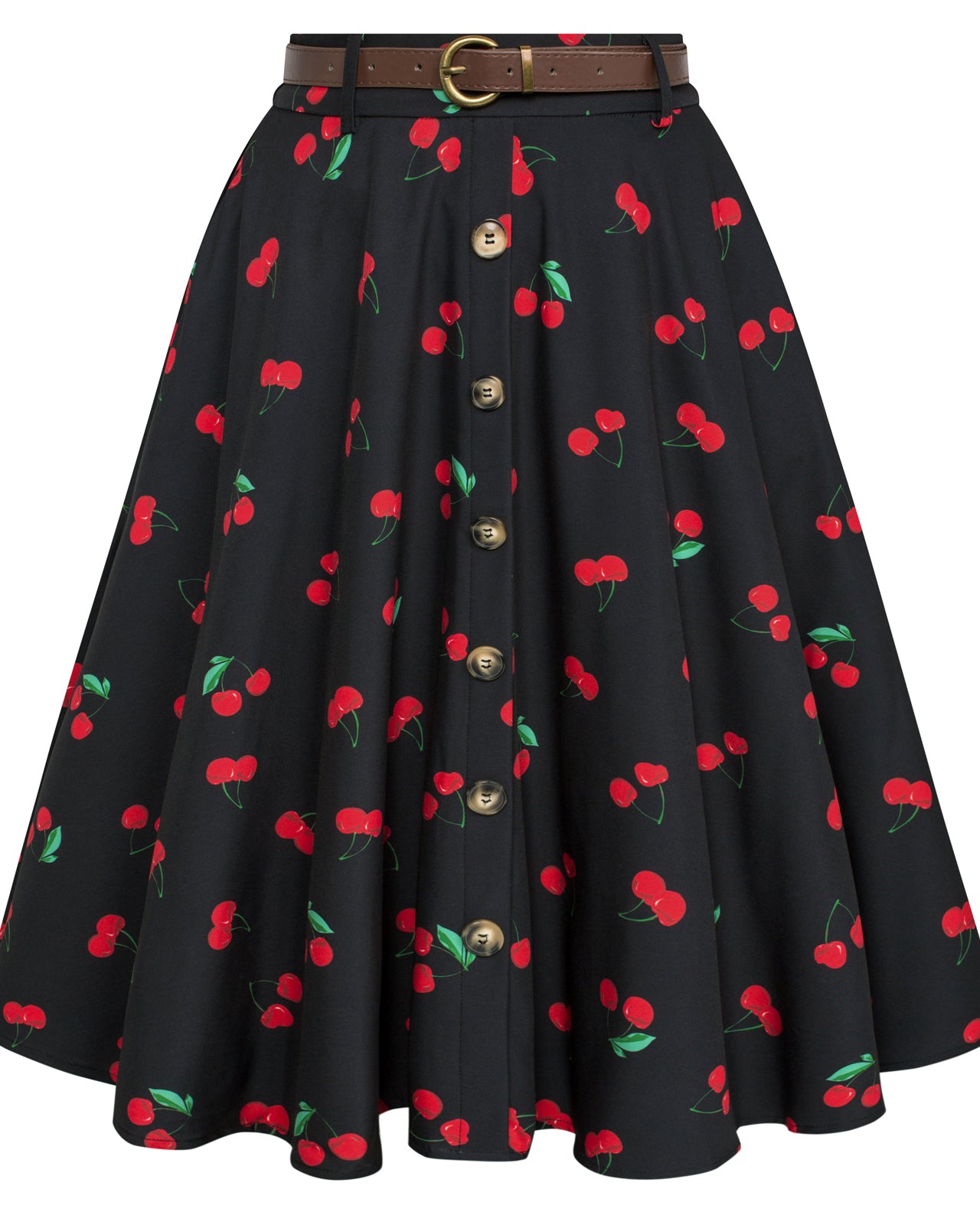 belle poque Swing Skirt with Belt Elastic High Waist Buttons Decorated Skirt Cherry
