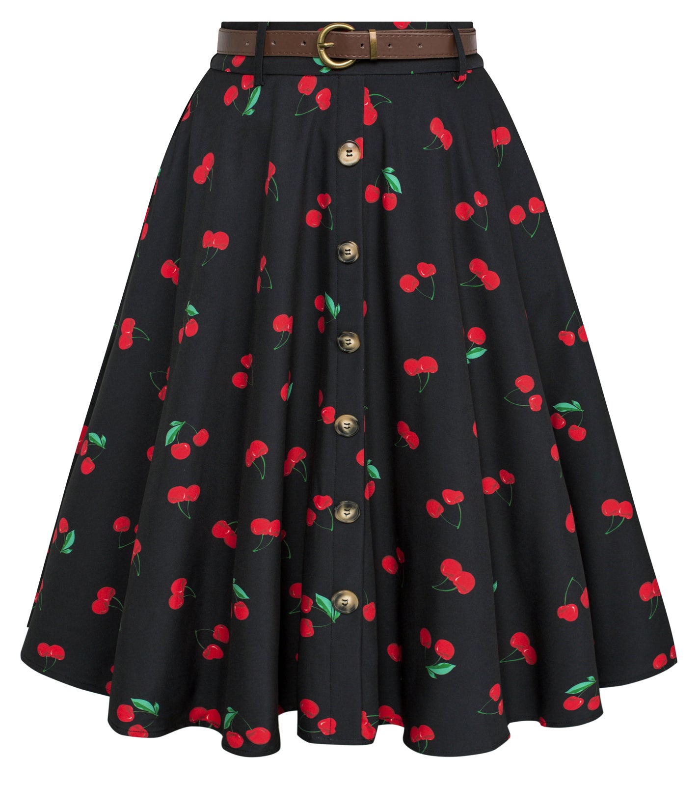 belle poque Swing Skirt with Belt Elastic High Waist Buttons Decorated Skirt Cherry