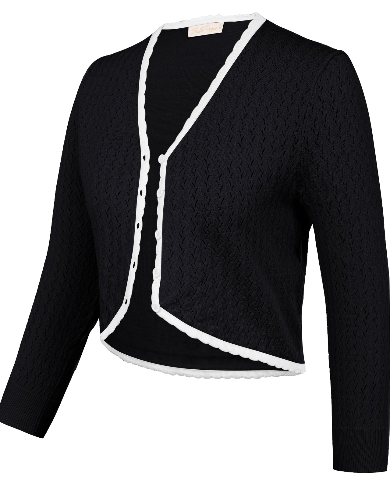 belle poque Hollowed-Out Cardigan 3/4 Sleeve V-Neck Button-up Cropped Knitwear