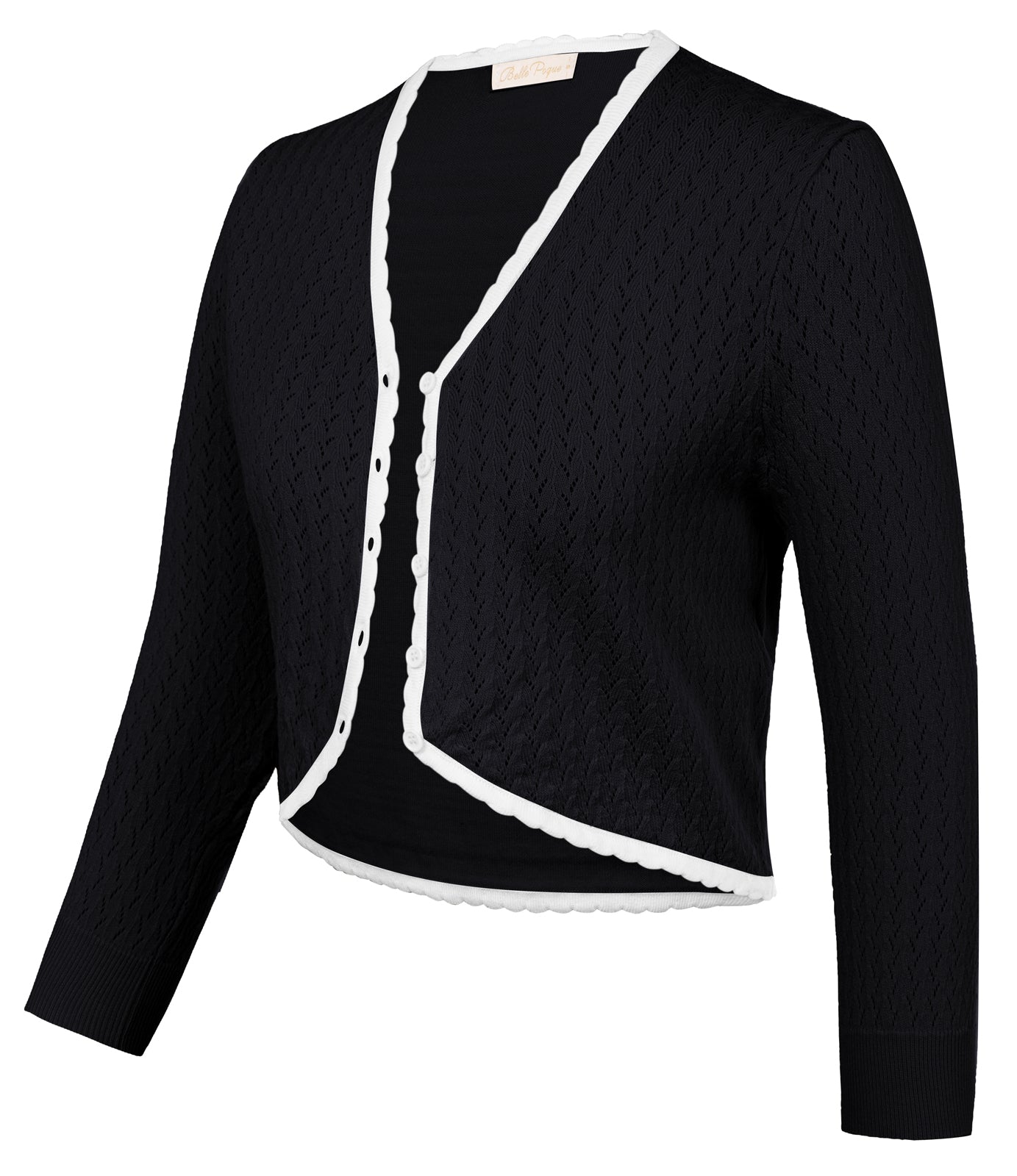 belle poque Hollowed-Out Cardigan 3/4 Sleeve V-Neck Button-up Cropped Knitwear