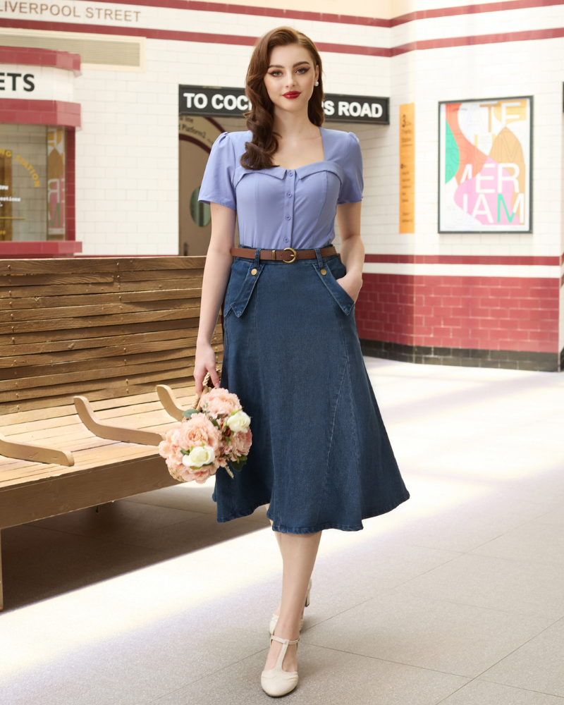 belle poque Denim Skirts Knee Length Vintage Elastic High Waist A-Line Midi Jean Skirts with Pockets