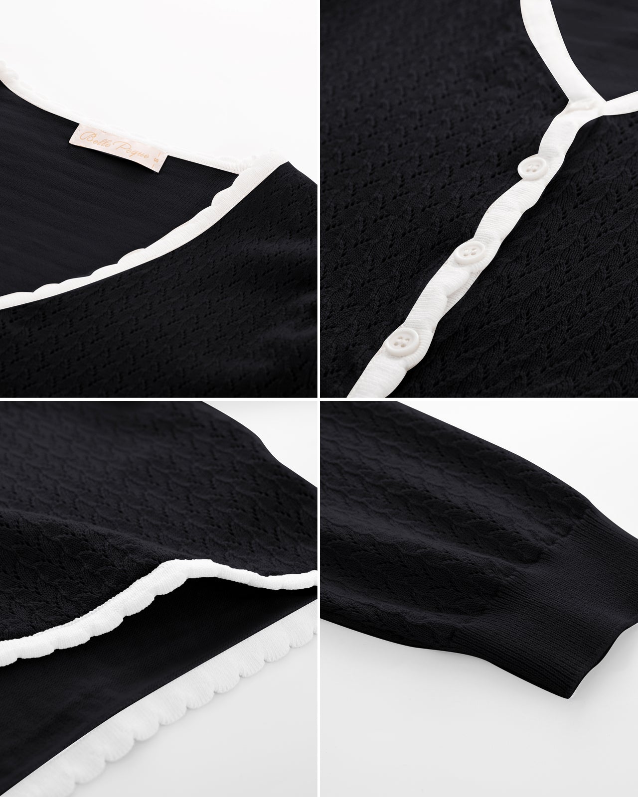 belle poque Hollowed-Out Cardigan 3/4 Sleeve V-Neck Button-up Cropped Knitwear