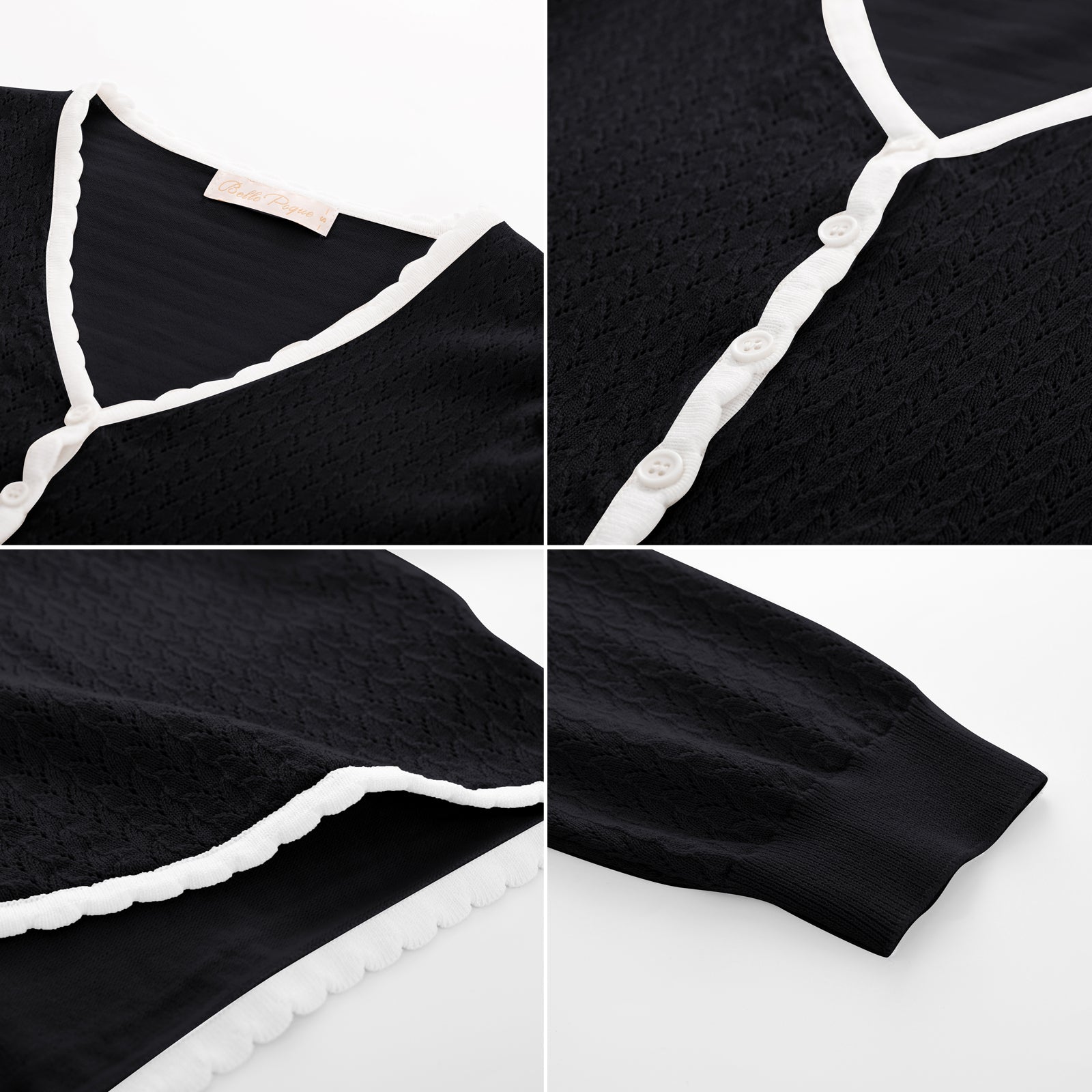 belle poque Hollowed-Out Cardigan 3/4 Sleeve V-Neck Button-up Cropped Knitwear