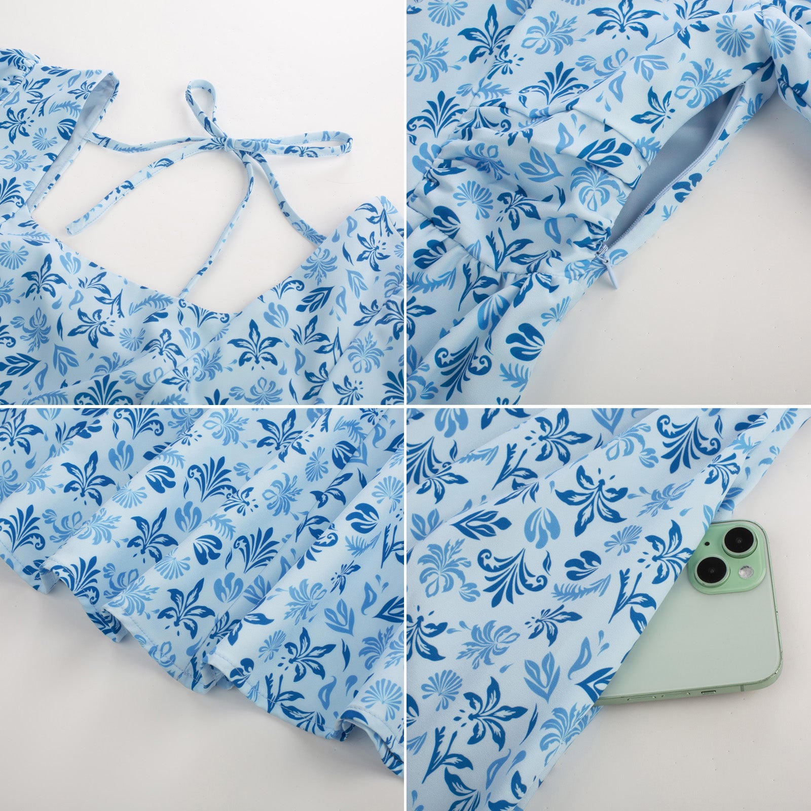 belle poque Vintage Daisy Flower Print Cottagecore Cocktail Dresses Square Neck Puff Sleeve Dress with Pockets