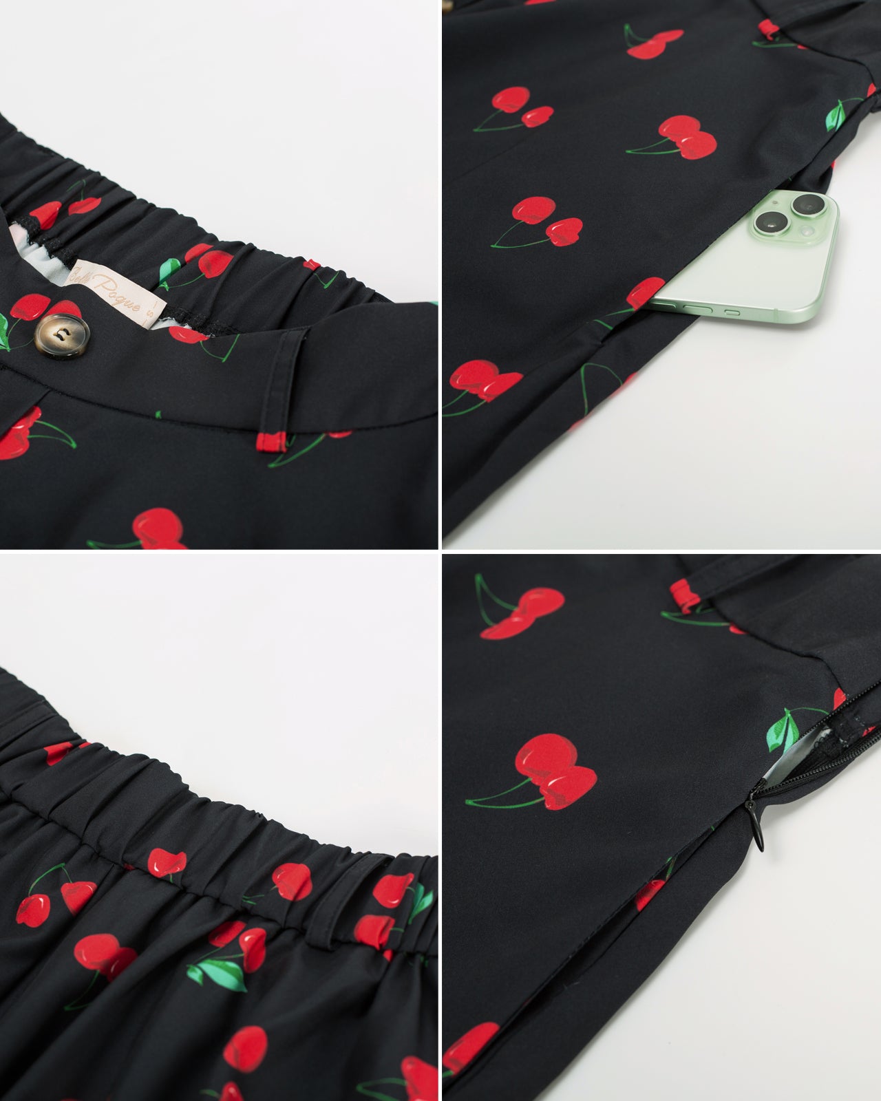 belle poque Swing Skirt with Belt Elastic High Waist Buttons Decorated Skirt