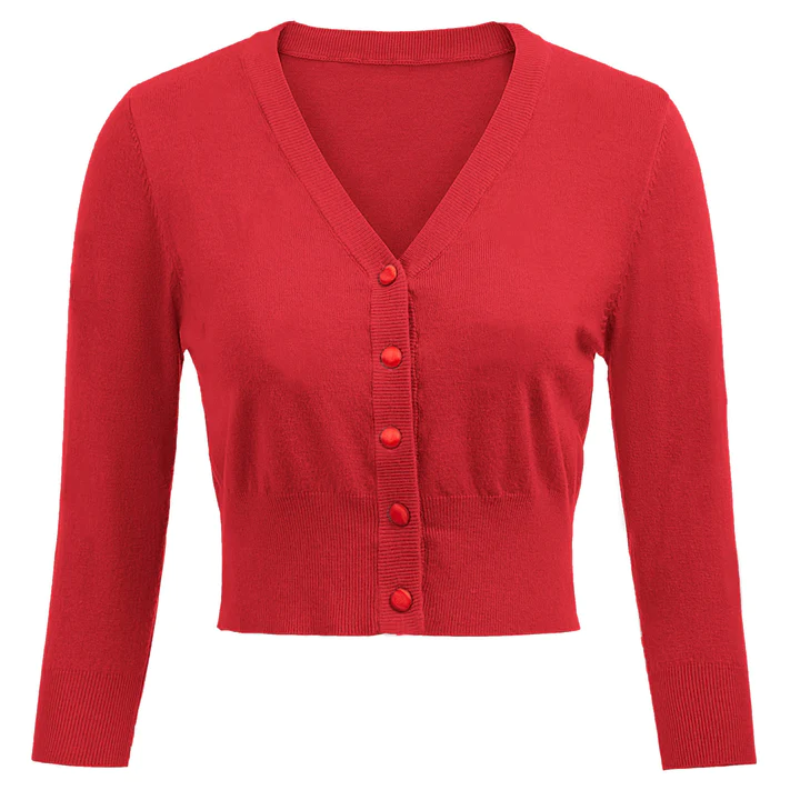 belle poque 3/4 Sleeve V-Neck Button Down Cherries Embroidery Cropped Cardigan Sweater Coat Red