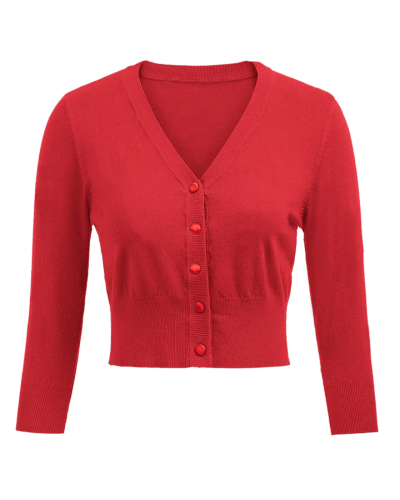 belle poque 3/4 Sleeve V-Neck Button Down Cherries Embroidery Cropped Cardigan Sweater Coat Red