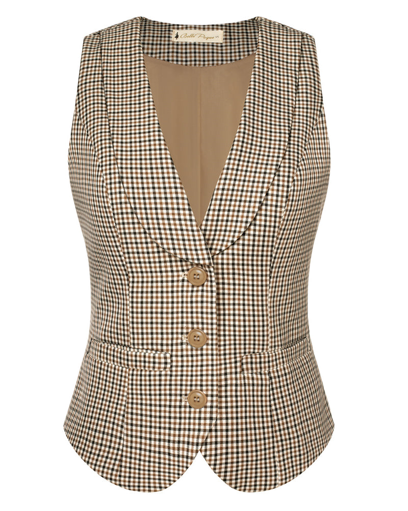 belle poque Vintage Lapel Collar Suit Vest Tops for Women Work Dressy Waistcoat Blazer with Pockets Light Brown