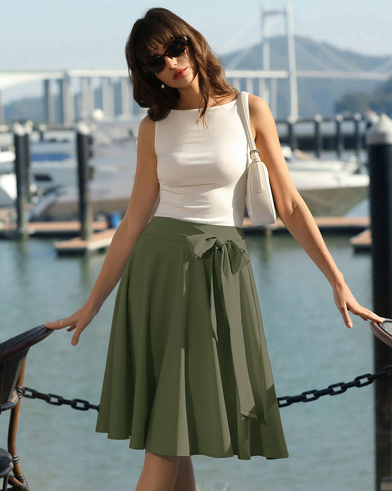 belle poque Women's High Waist A-Line Pockets Skirt Skater Flared Midi Skirt
