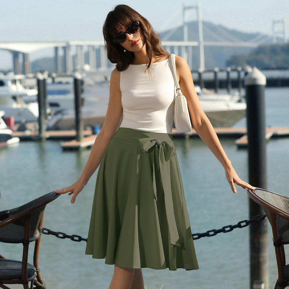 belle poque Women's High Waist A-Line Pockets Skirt Skater Flared Midi Skirt