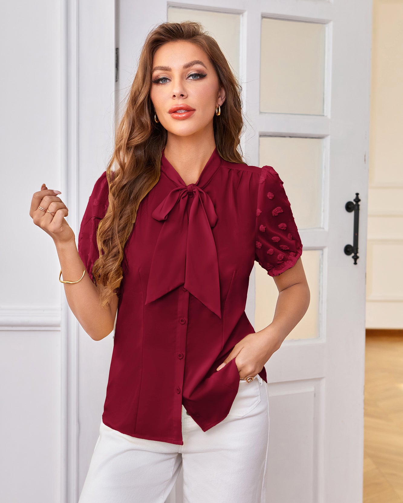 belle poque Bow-Knot Decorated Shirt Short Sleeve Stand Collar Tops