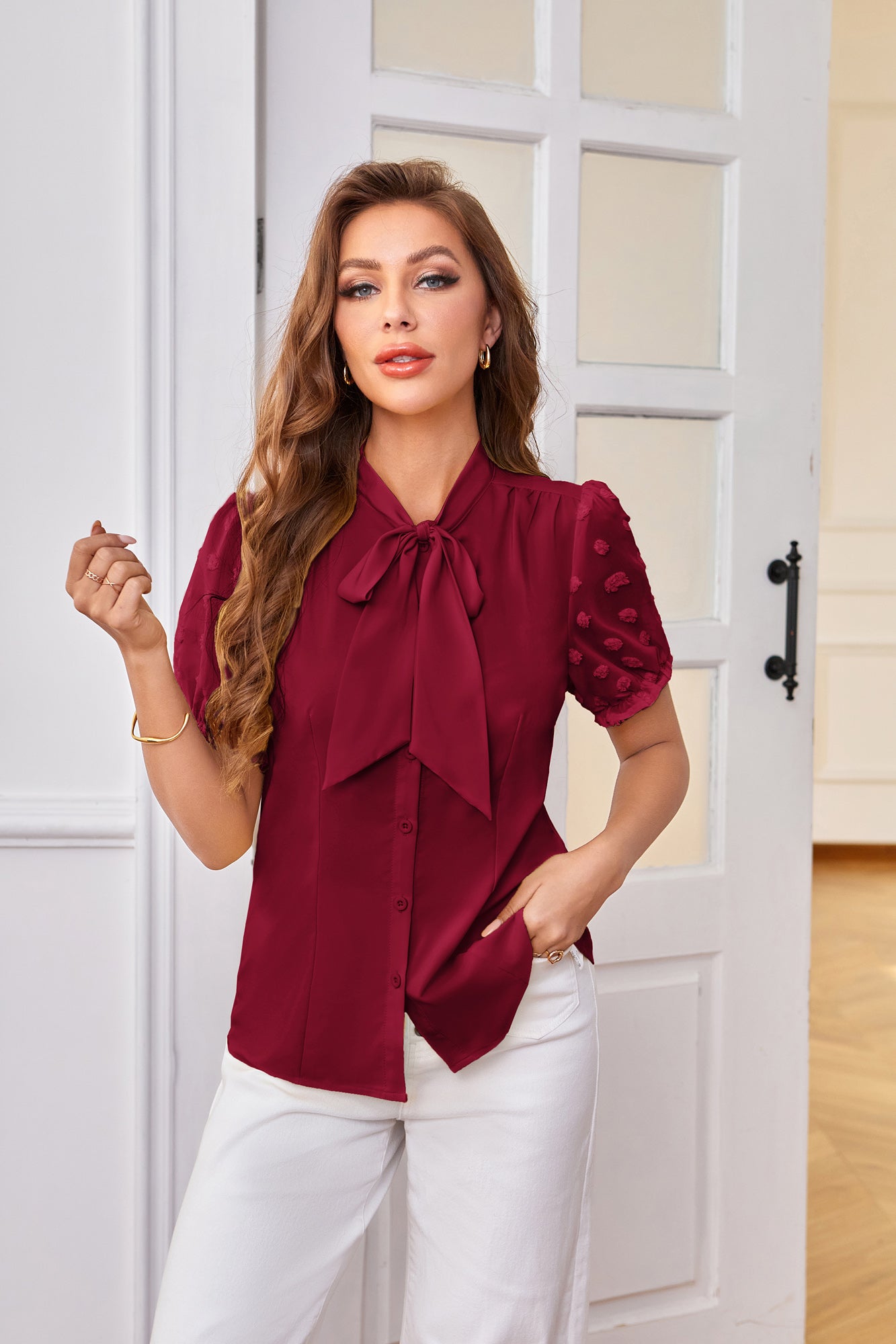 belle poque Bow-Knot Decorated Shirt Short Sleeve Stand Collar Tops