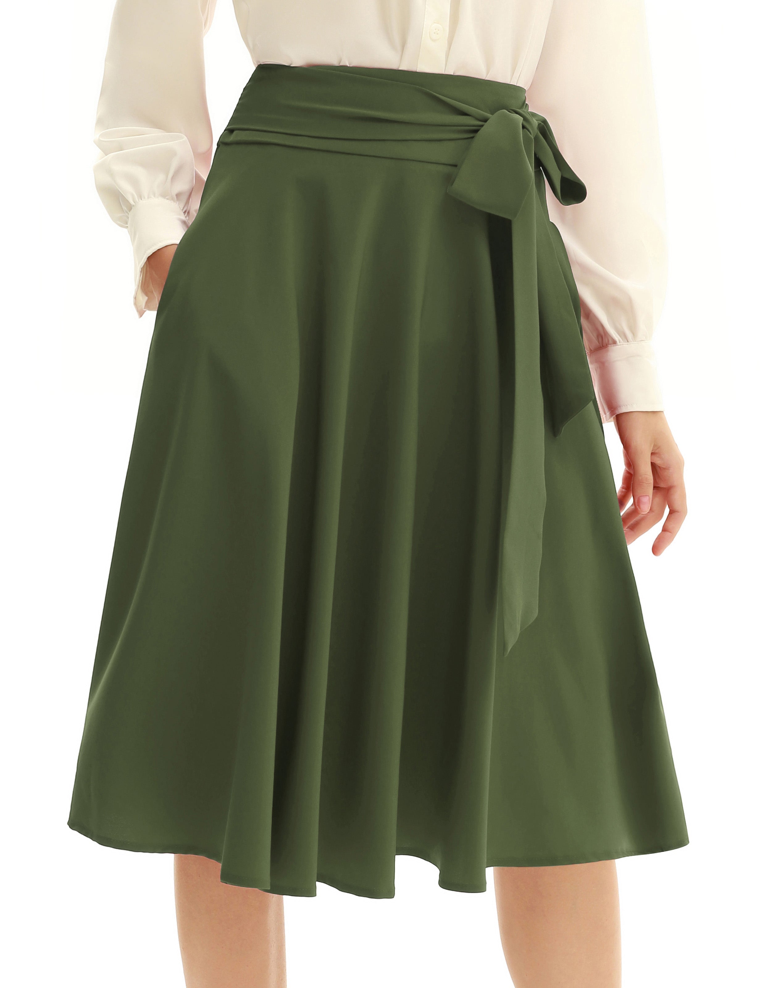 belle poque Women's High Waist A-Line Pockets Skirt Skater Flared Midi Skirt
